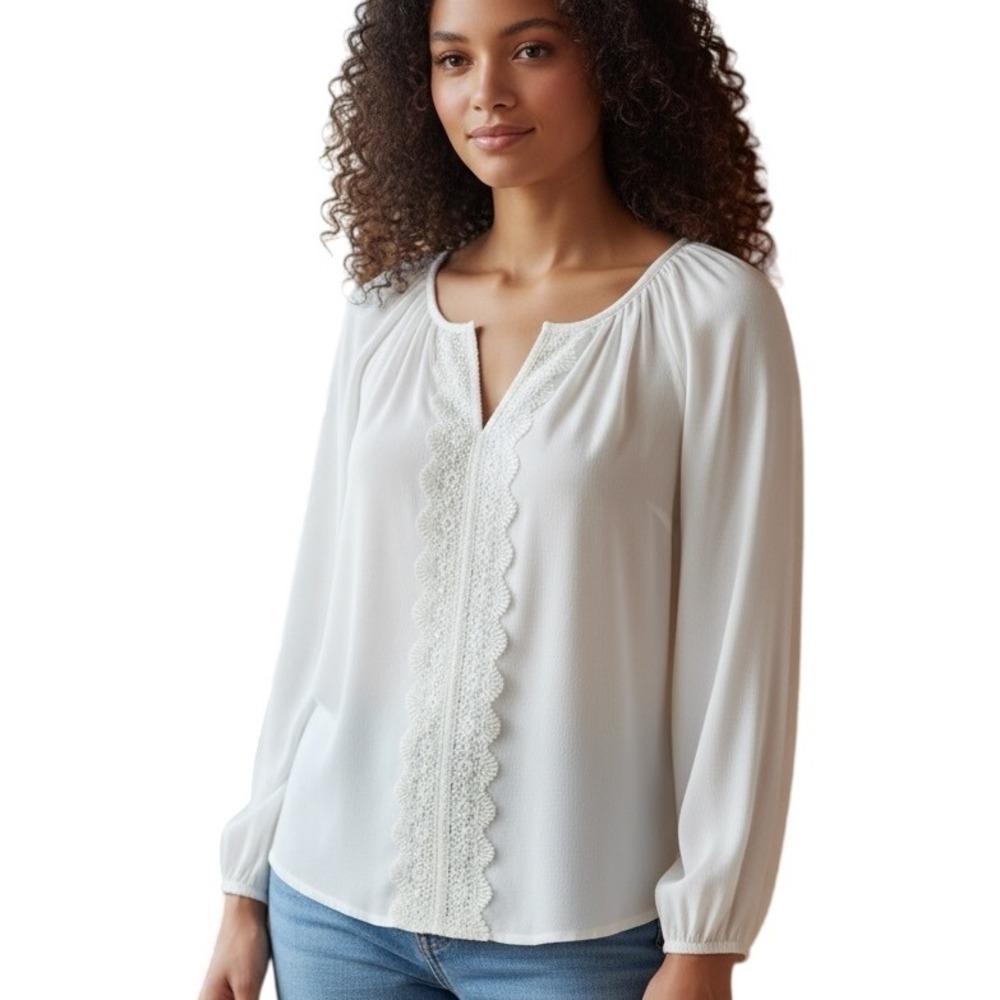 WHBM Lace Trim Split Neck Blouse Long Sl Ivory XS Cottage Core Light Academia